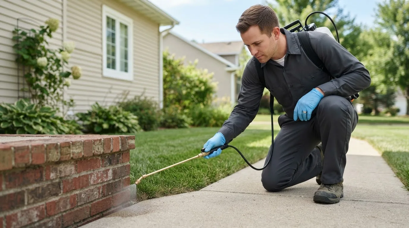 Pest control technician treating a home near East Tawas, MI